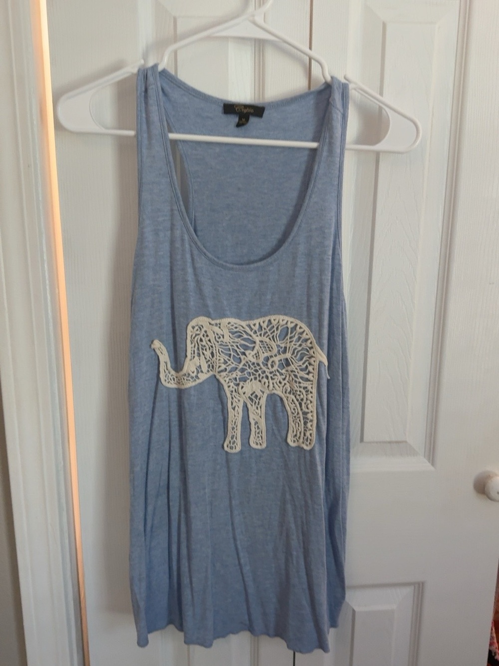 Cupio Medium Blue Elephant Crochet Appliqué Racerback Tank
